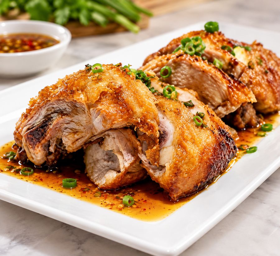 Crispy glazed chicken with scallions